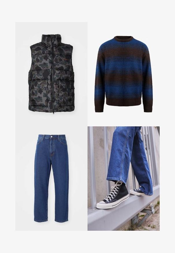 Paminkštintas kamufliažinis liemenė tamsiai žalia, juoda ir pilka spalvomis. Turi aukštą apykaklę, priekinius užtrauktukus ir dvi dideles priekines kišenes.; Rudens megztinis rudos ir mėlynos spalvos su niražytais raštais, turintis horizontalius dryžius ir apvalų iškirpimą. Ilgos rankovės su niražyta apykaklėmis.; Aukštos juosmens mėlynos džinsinės kelnės, pagamintos iš džinsinio audinio, su tiesios kojelės siluetu, matomomis siūlėmis ir priekiniais mygtukais.; Juodi aukšti sportiniai bateliai su baltu padu ir raišteliais, derinami su laisvai krentančiais mėlynais džinsais, atremti į pilką turėklą.