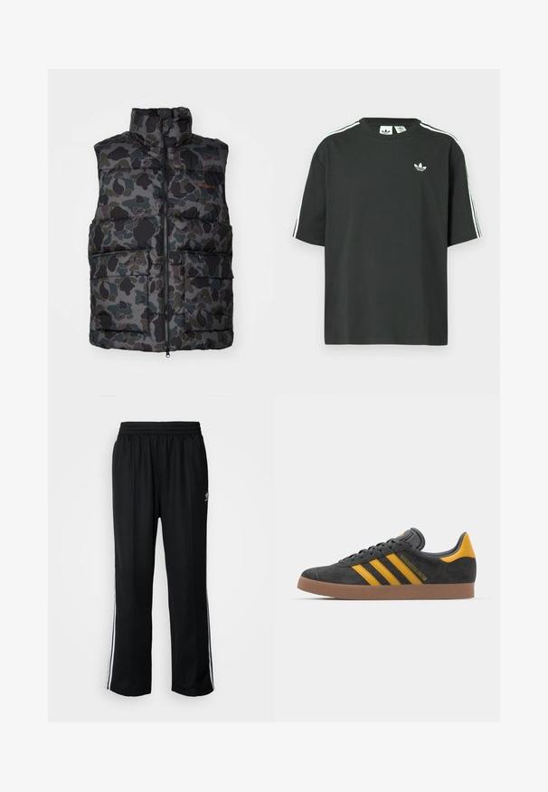 Podloga kamuflažna brezrokavnik v temno zeleni, črni in sivi barvi. Ima visok ovratnik, sprednji zadrgo in dva velika sprednja žepa.; Črna bombažna majica s kratkimi rokavi, okroglim vratom in belo trikratno črtasto okrasitvijo na ramenih. Na prsih majhen beli logotip.; Črne atletske hlače z elastičnim pasom, ki imajo bele stranske črte in majhen logo. Material izgleda mehak in lahek.; Črne semiš tene z rumenimi akcenti, ki vsebujejo tri trakove in rjavo gumo podplat. Vključujejo oblazinjeno jezik za udobje.