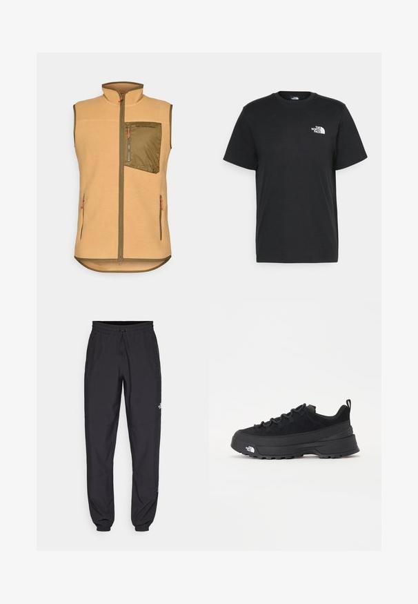 Fleecevest i lys beige med en glidelås lomme i olivengrønn på brystet. Har to sidelommer og oransje glidelåstrekk. Design med ståkrage.; Svart bomull t-skjorte med korte ermer, rund hals og en liten hvit logo på venstre bryst. Enkel design, glatt tekstur og avslappet passform.; Sorte idrettsbukser laget av lett stoff, med snor i livet, sidelommer og smale mansjetter ved anklene.; Svart utendørs sneakers med overdel i semsket skinn, teksturert gummisåle og solid snøresystem. Har forsterket hæl og merkevarelogo på siden.