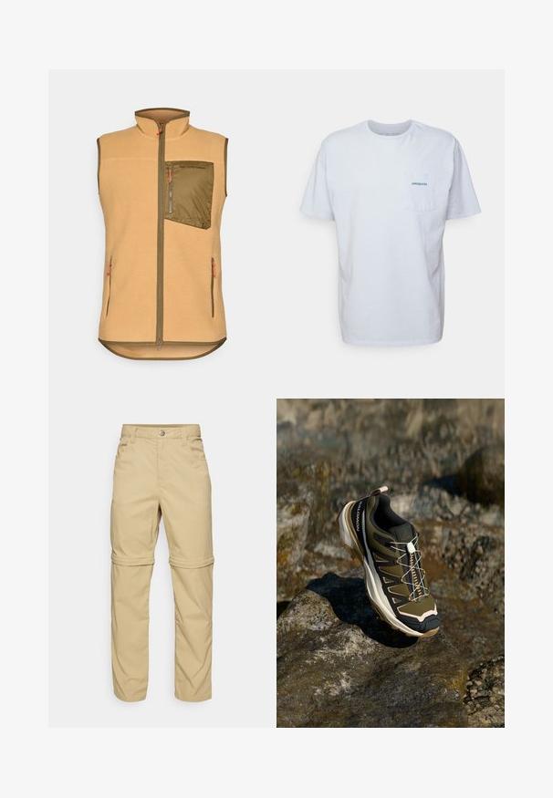 Švarkas iš fliso šviesiai rudos spalvos su užtrauktuku žaliame krūtinės kišenėje. Joje yra dvi šoninės kišenės ir oranžiniai užtrauktukų laikikliai. Maketa kaklo dizainas.; Balta medvilninė marškinėliai su trumpomis rankovėmis, apvaliu kaklu ir kairėje krūtinės pusėje esančia kišenėle, turinčia mėlyną "Patagonia" logotipą. Klasikinis siluetas su lygiu paviršiumi.; Šviesiai rudos kelnių su užtrauktuku, turinčių lygų paviršių, su dviem šoninėmis kišenėmis, mygtuko uždarymu ir sukabinamais kelnių galais, kad būtų galima naudoti įvairiai.; Žygio batai olivų žalios ir juodos spalvos su rožiniais akcentais. Turi tekstūruotą viršutinę dalį, lankstų pado tipą, sustiprintą pirštų dalį ir spalvingą raištelių sistemą.