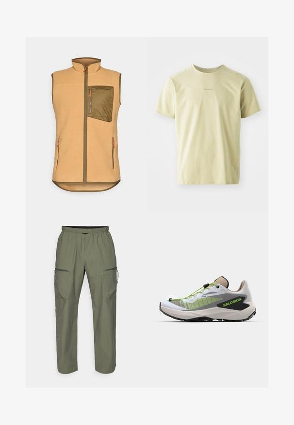 Fleeceová vesta svetlo hnedá s zipsovým olivovo zeleným vreckom na hrudi. Obsahuje dve bočné vrecká a oranžové ťaháky na zips. Dizajn s vysokým golierom.; Salomon TRACKLINE TEE - Športové tričko - gray green; Olivovo zelené cargo nohavice vyrobené z ľahkého materiálu, s elastickým pásom, bočnými zipsovými vreckami a uvoľneným strihom.; Salomon GENESIS - Trailové bežecké topánky - white/oxford tan/green gecko