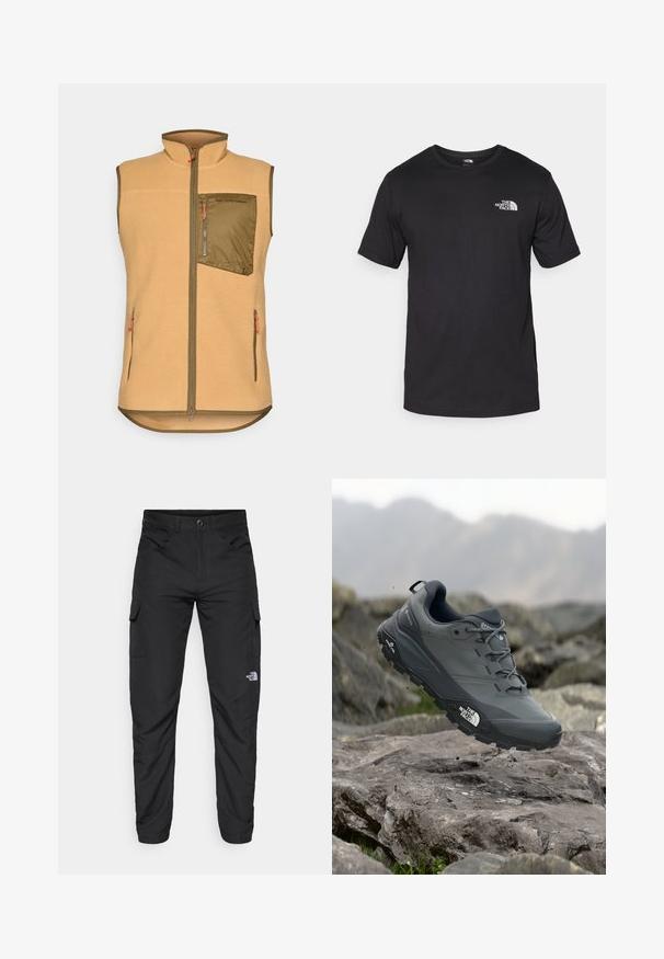 Vest din fleece de culoare bej deschis, cu o buzunăraș cu fermoar de culoare verde măslinie pe piept. Dispune de două buzunare laterale și fermoare cu mânere portocalii. Design cu guler înalt.; Tricou scurt din bumbac, de culoare neagră, cu guler rotund și un mic logo alb în partea de sus a pieptului stâng.; The North Face HORIZON PANT - Pantaloni outdoor - black; Pantof de alergare pe trasee gri, cu o partieră texturată, talpă din cauciuc durabil și vârf întărit. Dispune de șireturi și logo-ul brandului pe lateral.