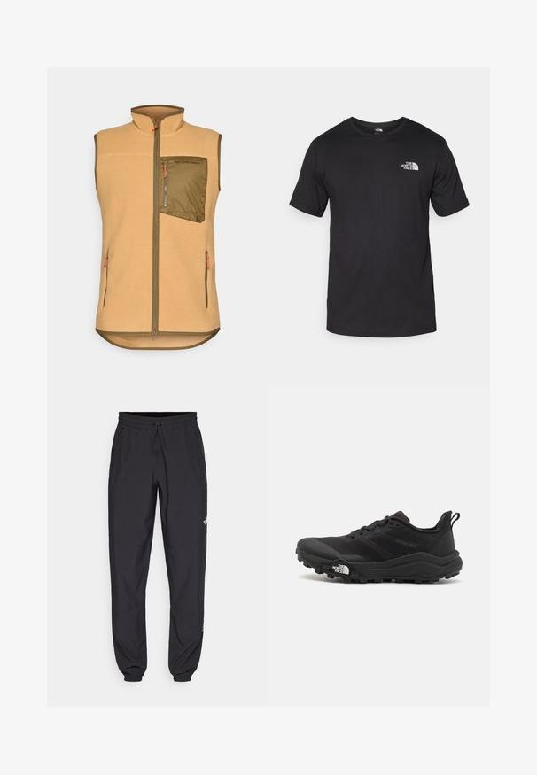 Prsluk od flisa u svijetlosmeđoj boji s patentnim zatvaračem na maslinasto zelenoj prsa. Ima dva bočna džepa i narančaste povlačice za zatvarač. Dizajn s visokim ovratnikom.; Crna majica kratkih rukava od pamuka, s okruglim izrezom i malim bijelim logotipom na gornjem lijevom dijelu prsnog koša.; Crne sportske hlače od lagane tkanine, s pojasom na vezanje, bočnim džepovima i suženim manžetama na gležnjevima.; Crne trail trkačke cipele s teksturiranim gornjim dijelom, gumeni potplat i ojačana zaštita za prste. Imaju podstavljen ovratnik i trakicu za lakše obuvanje.