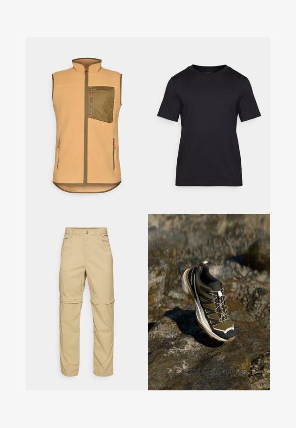 Fleecevest i lys beige med en glidelås lomme i olivengrønn på brystet. Har to sidelommer og oransje glidelåstrekk. Design med ståkrage.; Svart T-skjorte laget av glatt stoff, med rund hals og korte ermer. Diskret merkevaretrykk i svart på brystet.; Beige avtakbare bukser med en glatt tekstur, som har to sidelommer, knappelukking og oppbrettede ermer for allsidighet.; Fjellsko i olivengrønn og svart med rosa detaljer. Har en teksturert overdel, fleksibel såle, forsterket tåhette og fargerik snøringssystem.