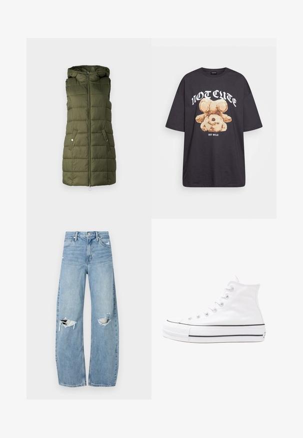 Žalios olivinės spalvos pamušalu liemenė su gobtuvu, turinti priekinį užtrauktuką, dvi šonines kišenes su spaustukais ir siuvinėtą tekstūrą.; Juodas per didelis marškinėliai su bearo grafika ir tekstu "NE SIAUBINGA, BET NERAMUS" bold baltomis raidėmis. Pagaminta iš medvilnės.; Šviesiai mėlynos, aukštu juosmeniu džinsai pagaminti iš džinsinio audinio. Turi plačias kojų kelnes, dvi suplėšytas kelio vietas ir klasikinį penkių kišenių dizainą.; Balti aukštakulniai drobės sportbačiai su juodu guminio pado, priekinio guminio piršto dangteliu ir šešiais akytėmis raištams, pasižymintys švariu, minimalistiniu dizainu.