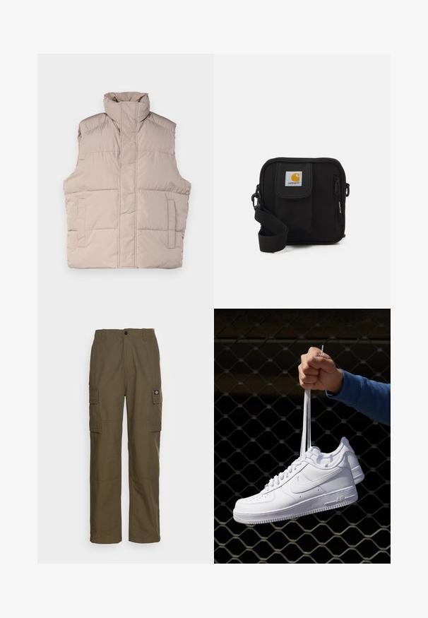 Vest puffer bej cu guler înalt, design fără mâneci, închidere frontală cu fermoar și două buzunare aplicate. Textură netedă, matlasată.; Tricou alb din bumbac, cu mâneci scurte, guler rotund și o croială lejeră. Textură netedă, fără modele sau accente vizibile.; Pantaloni cargo de culoare verde măsliniu, fabricați dintr-un material durabil. Prezintă două buzunare laterale, o talie standard și un design cu picior drept.; Adidași albaștri din piele cu perforații, vârf rotund, talpă plată și șireturi groase, cu un logo swoosh vizibil și cu inscripția "AIR" pe toc.; Geantă de umăr neagră, cu un compartiment principal cu fermoar, buzunar frontal, curea ajustabilă și un logo vizibil pe capac.