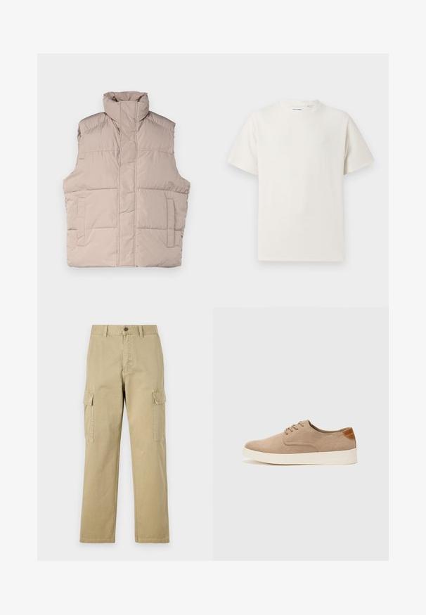 Béžový prošívaný vestový kabát s vysokým límcem, bez rukávů, zapínáním na zip vpředu a dvěma našitými kapsami. Hladká, prošívaná textura.; Bílý krátký rukáv tričko s pružnou strukturou. Kulatý výstřih, volný střih, bez viditelných vzorů nebo detailů. Jednoduchý a univerzální design.; Beige cargo kalhoty vyrobené z bavlny, s dvěma bočními kapsami, knoflíkovým zapínáním a rovnými nohavicemi z mírně texturované látky.; Béžové semišové tenisky s kulatou špičkou, šněrováním vpředu a texturovaným zadním akcentem. Bílá gumová podrážka poskytuje kontrast. Jednoduchý a moderní design.