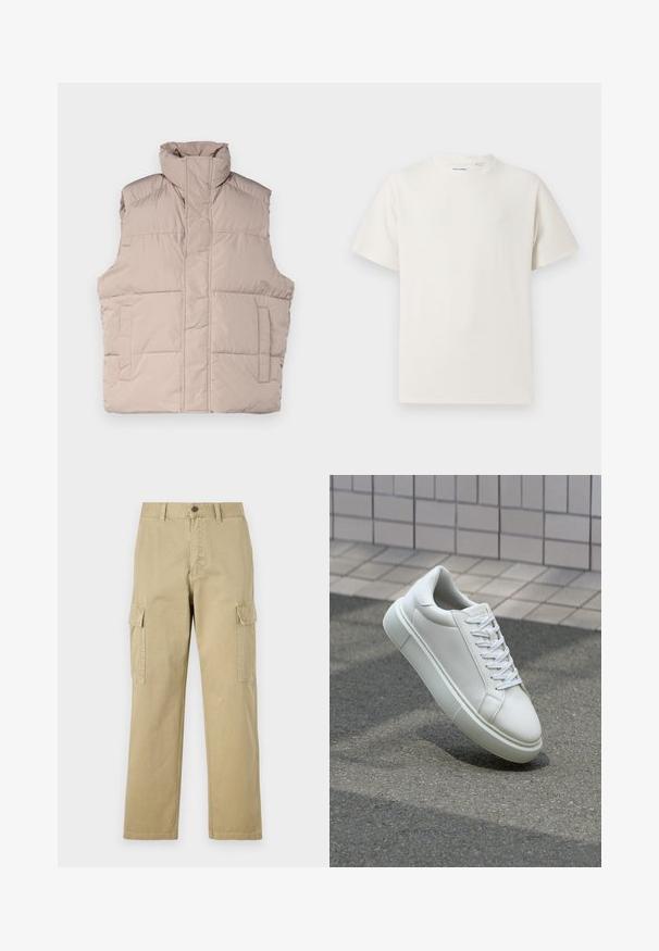 Béžová páperová vesta s vysokým golierom, bezrukávovým dizajnom, predným zipsom a dvoma náprsnými vreckami. Hladká, prešívaná textúra.; Biela krátka tričko s krátkym rukávom so žebrovanou textúrou. Okrúhly výstrih, uvoľnený strih, žiadne viditeľné vzory ani akcenty. Jednoduchý a všestranný dizajn.; Bežové cargo nohavice vyrobené z bavlny, s dvoma bočnými vreckami, zapínaním na gombík a rovným strihom s mierne textúrovanou tkaninou.; Biele kožené tenisky s hladkým povrchom, okrúhlym špičkou a plochými bielymi šnúrkami. Obsahuje štruktúrovanú gumovú podrážku a minimalistický dizajn.