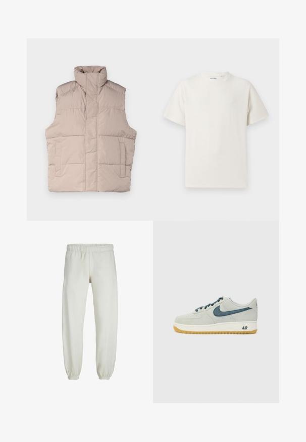 Bež prsluk s visokim ovratnikom, bez rukava, prednjim zatvaranjem na zip i dva džepa. Glatka, quilted tekstura.; Bijela kratka majica s kratkim rukavima u rebrastoj teksturi. Okrugli izrez, ležeran kroj, bez vidljivih uzoraka ili akcenta. Jednostavan i svestran dizajn.; Bijele trenirke napravljene od mekanog materijala, s elastikom u struku i na manžetama, glatke teksture i labavog kroja.; Svijetlosivi suede tenisice s mornarsko plavim naglascima, okrugli vrh, vezice i guma podloga. Imaju "AIR" oznaku na peti.