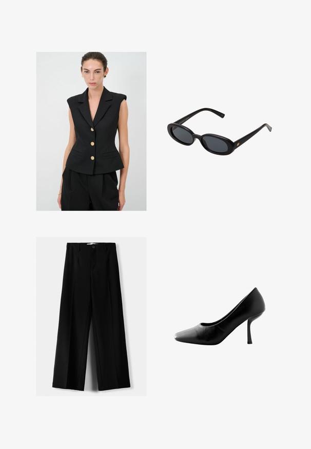 Mustat liivihameet, joissa on rakenteelliset olkapäät, lovettu kaulus ja kultaiset napit. Sisältää kaksi etutaskua ja istuvan vyötärön.; Mustat pitkähihaiset paita, jossa on olkaimeton kaula-aukko, kierretty kangassuunnittelu rinnassa ja suuri nauhakoriste edessä.; Mustat leveälahkeiset housut, jotka on valmistettu kevyestä kankaasta. Housuissa on etunappikiinnitys ja tasainen etuosa, sekä huolellisesti ommellut helmat.; Musta korkokenkä, jossa on terävä kärki ja sileä nahkapinta. Varustettu hoikalla stiletto-korolla ja matalalla vampilla.; Mustat ylisuuruiset aurinkolasit, jotka ovat soikeat linssit, sileä muovikehys ja kultaiset korostukset temppeleissä. Tummat linssit tarjoavat suojaa auringolta.