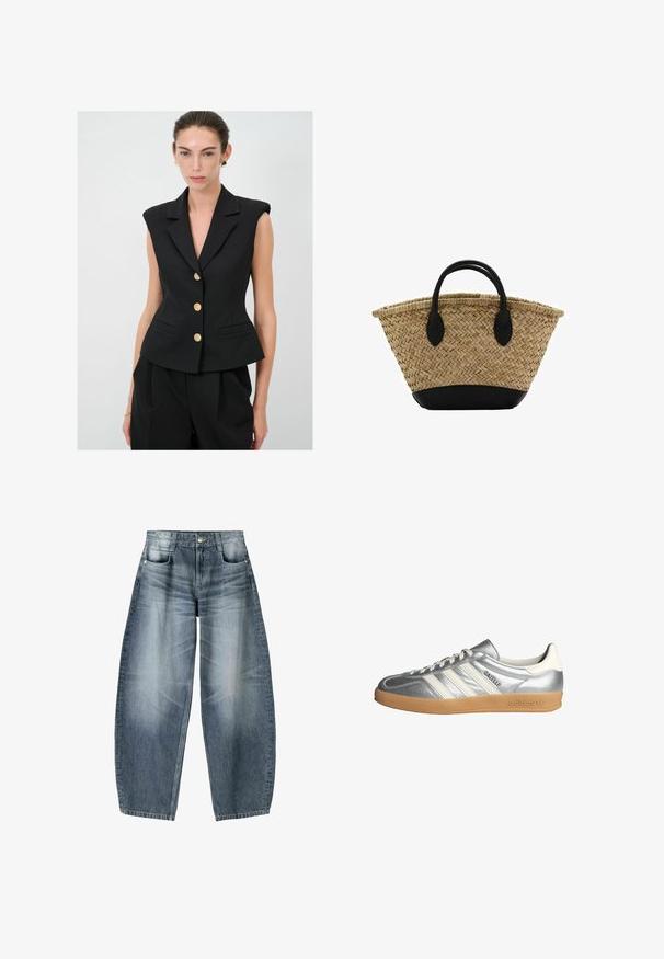 Czarny bezrękawnik z wyraźnymi ramionami, klapami i złotymi zapięciami na guziki. Posiada dwie przednie kieszenie oraz dopasowaną talię.; Biała długa bluzka damska z dekoltem w łódkę, zdobiona marszczeniem w talii, o lekko dopasowanym kroju.; Jeansy o szerokich nogawkach w jasnoniebieskim denimu z wyblakłymi miejscami, z pięcioma kieszeniami, zapinane na guziki oraz minimalnymi detalami przeszycia.; Srebrne sneakersy z białymi akcentami, z trzema paskami, zaokrąglonym noskiem i gumową podeszwą. Teksturowany metaliczny materiał.; Wykonana z plecionej słomy koszyk o rozszerzającym się kształcie, z czarną skórzaną podstawą i uchwytami. Teksturowane naturalne włókna z gładkimi czarnymi akcentami.