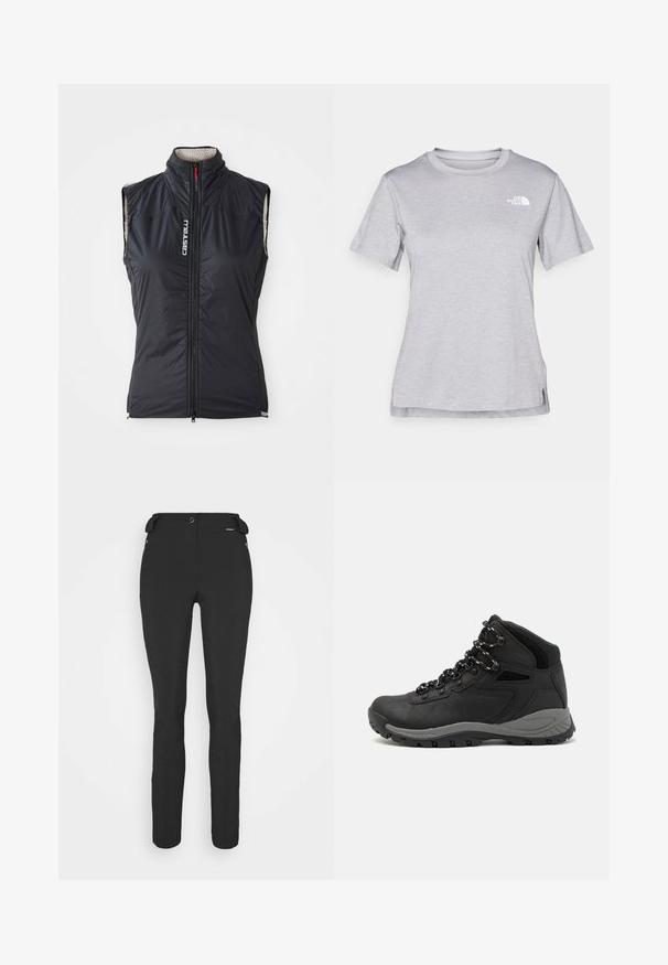 Gilet sans manches noir zippé avec col montant et doublure en polaire blanche, présentant un logo vertical "Castelli" sur le côté gauche de la poitrine.; T-shirt gris à manches courtes fabriqué en tissu doux et évacuant l'humidité. Il présente un col rond et un petit logo blanc en haut à gauche.; Pantalons noirs ajustés en matériau flexible. Les caractéristiques comprennent une poche latérale zippée, des genoux articulés et une texture lisse.; Botte de randonnée noire au design mi-haut, avec un dessus texturé, des accents gris et une semelle en caoutchouc durable avec des crampons de traction.