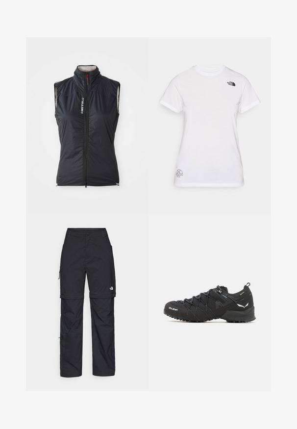 Juodas be rankovių užtrauktukas liemenė su aukštu apykakle ir balta pūkinė danga, su vertikalia „Castelli“ logotipu kairėje krūtinėje.; Balta medvilninė marškinėliai su juodu logo kairiajame krūtinės šone ir pilku grafiniu dizainu apatiniame dešiniajame kampe. Klasikinis apvalus kaklas ir trumpomis rankovėmis.; Juodos nailoninės krovinių kelnės su reguliuojamais rankovėmis, daugybe kišenių ir logo ant dešinės kojos. Lygi, lengva tekstūra.; Juodi žygio batai su tekstūruotu audiniu, raišteliais ir tvirtu guma padu. Papuošti atspindinčiomis detalėmis ir logotipais.