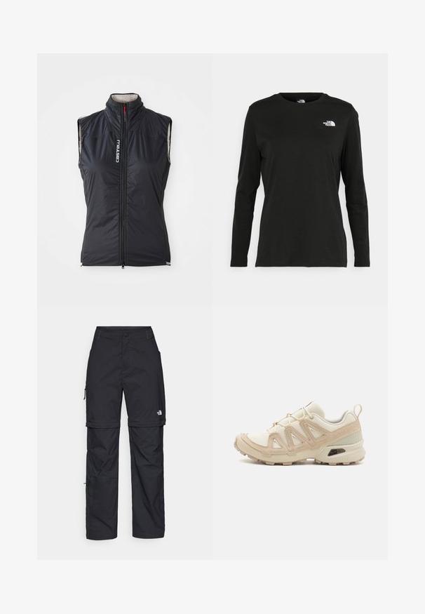 Crna bezrukavna jakna na zip s visokim ovratnikom i bijelim flisom iznutra, sa vertikalnim logotipom "Castelli" na lijevoj strani prsnog koša.; Crni dugih rukava majica od pamuka s okruglim izrezom. Ima mali bijeli logo na lijevoj strani prsnog područja. Jednostavan dizajn i kroj.; Crne najlon hlače s munjevim zatvaranjem, odvojive cargo hlače s podesivim manžetama, brojnim džepovima i logom na desnoj nozi. Glatka, lagana tekstura.; Bež i kremasti sportski tenisice s teksturiranim mrežastim gornjim dijelom, potpornih preklopa i gumeni potplat s uzorcima za prianjanje.