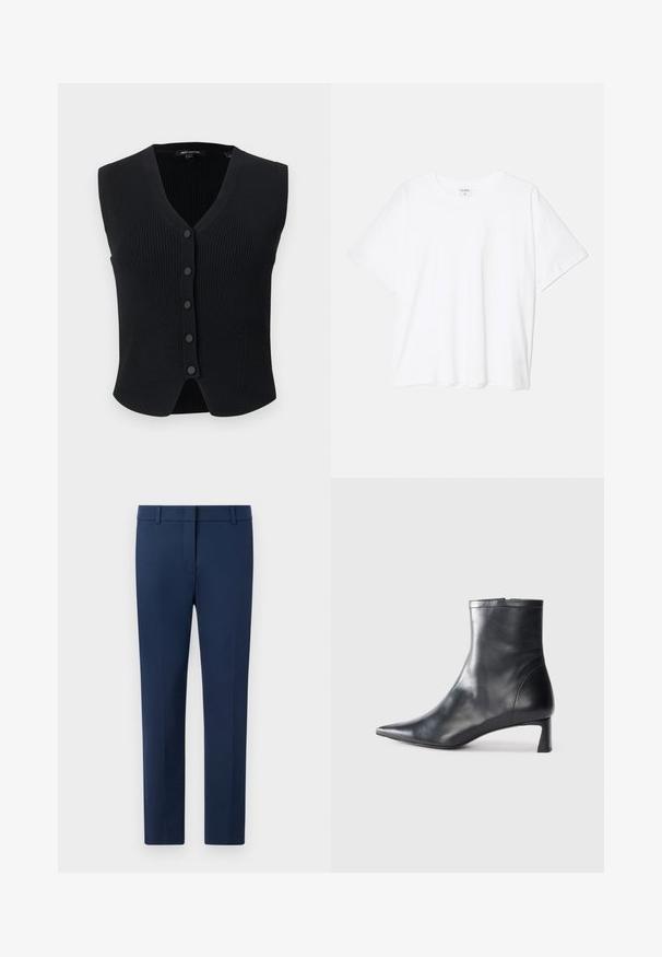 Juodas ribotas be rankovių kardiganas su V formos kaklu ir penkiomis priekinėmis sagomis, šiek tiek šiek tiek išlenktu sijonu ir aptemptu dizainu.; Balta medvilnės marškinėliai trumpomis rankovėmis, apvalia iškirpte, laisvo kirpimo ir su siūtu kraštu. Etiketė matoma vidinėje iškirptės pusėje.; Tamsiai mėlyni kelnės, pagamintos iš audinio, su lygia priekiu, diržo kilpomis ir pritaikytu siluetu. Be matomų raštų ar akcentų.; Juodas odinis kulkšninis batas su smailiu pirštu ir elegantišku dizainu. Turi žemą kulną ir užtrauktuką gale. Lygi tekstūra.