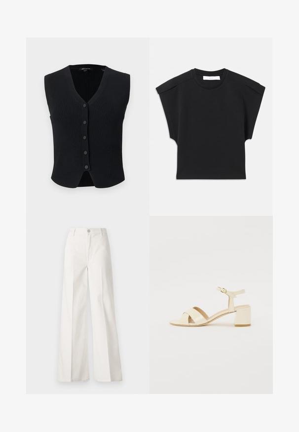 Crna rebrasta bezrukavna kardigan s V-izrezom i pet prednjih gumbā, blago zakrivljenim rubom i uskim krojem.; Crna majica s kratkim rukavima i okruglim izrezom, s detaljima na ramenima, položena ravno na bijeloj pozadini.; Bijele široke hlače izrađene od pamuka s glatkom teksturom. Imaju prednji gumb, patentni zatvarač i dizajn s četiri džepa.; Bež sandale od lakirane kože na visokoj peti s dizajnom preklopnog remena, otvorenim prstima, podesivim remenom oko gležnja i blok petom. Glatka tekstura.