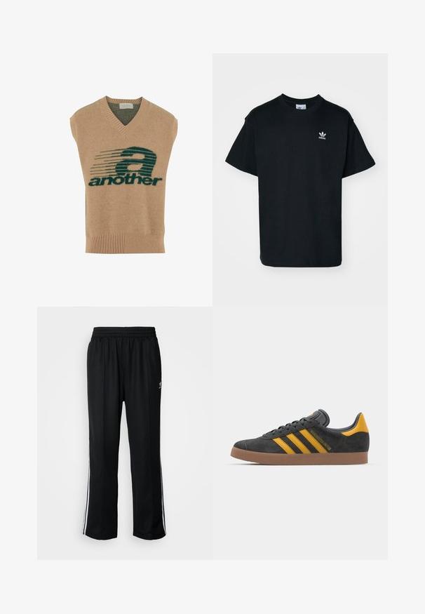 Bežinė be rankovių megztinė su V formos iškirpte, turinti tamsiai žalią grafikos dizainą ir tekstą "another" storais rašmenimis, pagaminta iš minkštos mezginio medžiagos.; Juodas medvilnės marškinėliai su apvalia iškirpte ir trumpomis rankovėmis, su mažuoju baltu Adidas logotipu kairėje krūtinės pusėje.; Juodi sportiniai keliai su elastingu juosmeniu, su baltais šonais ir mažu logotipu. Atrodo, kad medžiaga yra minkšta ir lengva.; Juodas zomšinės sportbačiai su geltonais akcentais, turintys tris juosteles ir rudą gumos padą. Apima paminkštintą liežuvėlį patogumui.