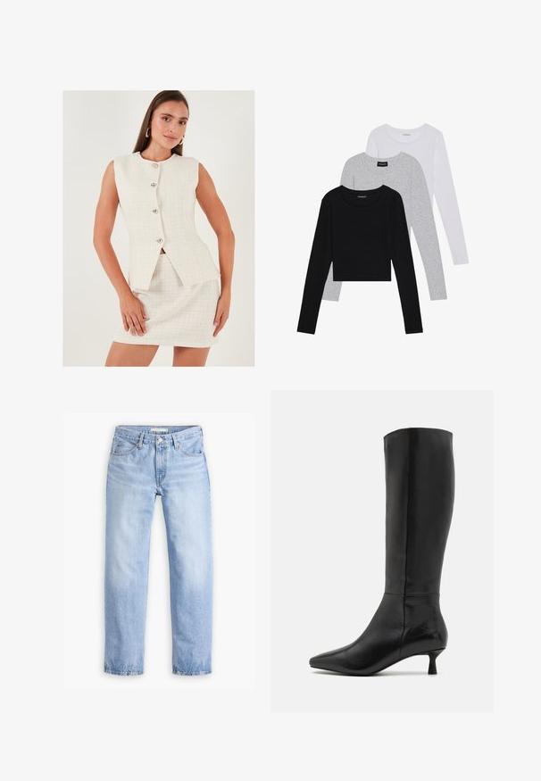 Costum alb din tweed format din două piese, cu un sacou fără mâneci prevăzut cu cinci butoane argintii și o fustă mini ajustată. Textură netedă și design modern.; Trei bluze cu mânecă lungă așezate: neagră, gri și albă. Fiecare are un guler rotund și un design scurt, realizat dintr-un material fin și ușor.; Jeans din denim de culoare albastră deschisă, cu un design drept, cinci buzunare și talie medie. Prezintă o textură decolorată și tiv cusut.; Zign Cizme - black