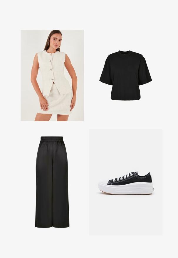 Conjunto de dos piezas en tweed blanco con un blazer sin mangas que cuenta con cinco botones plateados y una falda corta ajustada. Textura suave y diseño moderno.; Camiseta corta negra de algodón. Cuenta con mangas cortas y un escote redondo. Textura suave con un diseño sencillo, sin patrones adicionales.; Pantalones negros de pierna ancha hechos de una tela suave y brillante, con una cinturilla elástica y sin bolsillos visibles ni detalles de metal.; Zapatillas de lona negras con cordones blancos, puntera de goma blanca y una suela blanca gruesa. Presenta costuras blancas sutiles y una suela de goma.