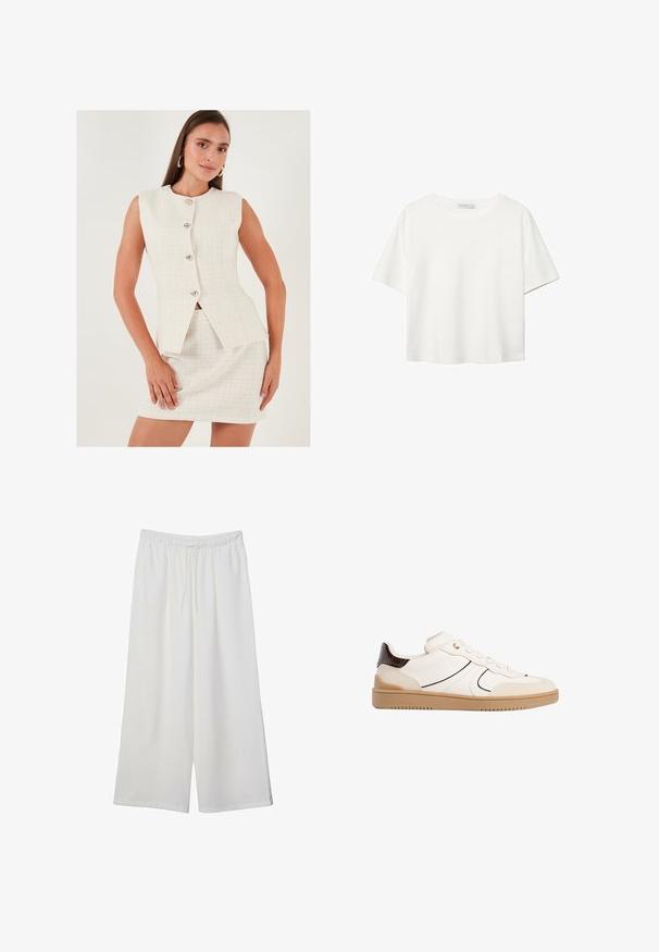 Bílý tvídový dvoudílný outfit se bezrukávým blejzrem s pěti stříbrnými knoflíky a fitted mini sukní. Hladká textura a moderní design.; Bílý krátký rukáv tričko vyrobené z bavlny. Má kulatý výstřih a volný střih. Hladký materiál bez viditelných vzorů nebo akcentů.; Bílé kalhoty s širokými nohavicemi vyrobené z lehké tkaniny, s elastickým pasem a stahovací šňůrkou pro nastavitelnou velikost. Hladká textura.; Stradivarius Tenisky - white