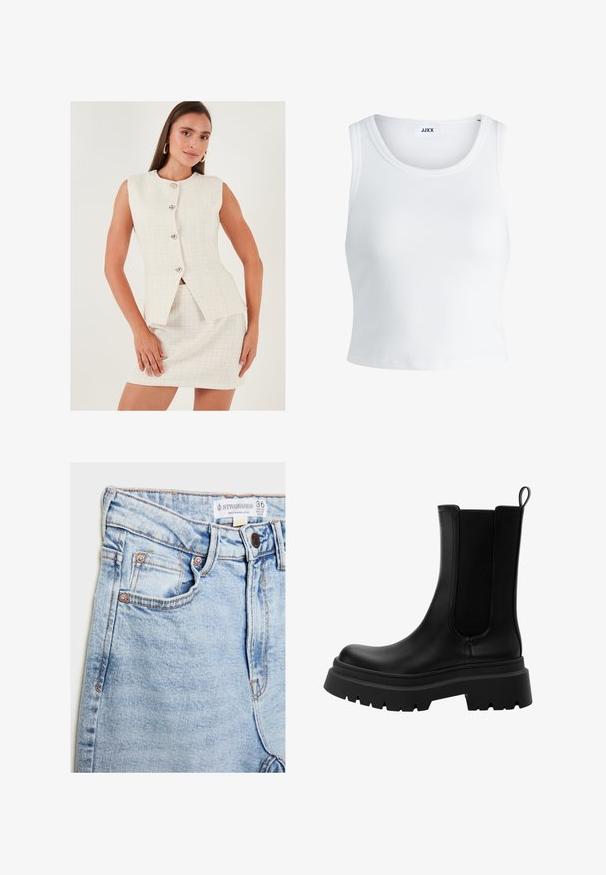 White tweed two-piece outfit with a sleeveless blazer featuring five silver buttons and a fitted mini skirt. Smooth texture and modern design.; White ribbed tank top featuring a round neckline, sleeveless design, and a cropped length. Label reads "JJXX." Smooth fabric texture.; Light blue denim jeans with a high waist, five pockets, copper-tone hardware, and subtle fading, featuring a label at the waistband.; Black leather Chelsea boots with elastic side panels, chunky rubber sole, and a rounded toe. Textured and smooth finish.