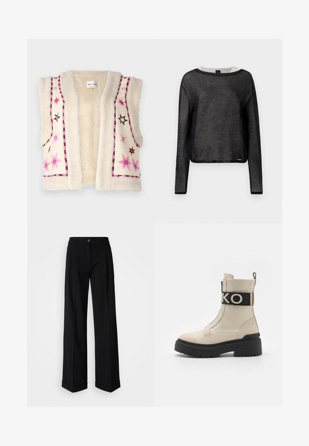 Faux fur vest in cream color, featuring pink and brown star embroidery and a checkered trim along the edges and neckline.; Black long-sleeve top with a loose fit, made of sheer fabric. Features a round neckline and contrasting white trim, with a small logo at the hem.; Black wide-leg trousers with a smooth fabric, featuring a front button closure and two front pleats. Hem is cuffed. Minimalist design.; Beige ankle boot with a black strap featuring "KO," a side zipper, chunky black sole, and smooth leather texture.