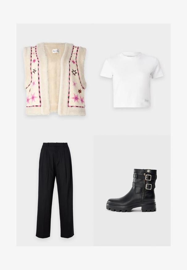 Krém színű műszőrme mellény, rózsaszín és barna csillag hímzéssel, valamint kockás díszítéssel az élein és a nyakrészen.; Fehér, rövid szabású, sima pamut póló, magas nyakkivágással és rövid ujjakkal. Kicsi hímzett logó az alsó sarokban.; Fekete nadrág, testre szabott kialakítással, magas derékkal, redőkkel és egyenes lábakkal. Simító anyagból készült, egyszínű.; Fekete bőr bokacsizma dupla csat díszítéssel, cipzáras záródással, vastag talppal és sima textúrával. Jellemzője a robusztus, divatos kialakítás.
