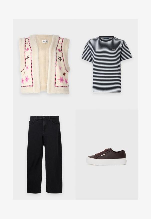 Faux fur vest in cream color, featuring pink and brown star embroidery and a checkered trim along the edges and neckline.; Striped t-shirt featuring black and white horizontal stripes, crew neckline, and short sleeves. Made of soft, lightweight fabric.; Black denim jeans with a straight cut, featuring a button closure, five pockets, and subtle stitching details. Smooth texture.; Brown leather sneakers with maroon laces and a white rubber sole. Features a smooth texture and subtle branding detail on the side.