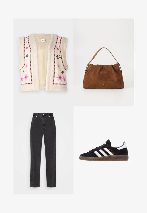 Faux fur gilet in een crèmekleur, met roze en bruine ster borduursels en een geruite rand langs de randen en de halslijn.; Bruine lange mouwen t-shirt met een luipaardprint, ronde halslijn en lichte stretch. Klein logo-embleem op de voorkant.; Zwarte denim jeans met rechte pijpen en hoge taille, met een knoop en rits aan de voorkant en vijf zakken, op een witte achtergrond.; Zwarte Adidas sneaker met witte strepen, gouden "Spezial" tekst, gumzool en witte hieltab, weergegeven in zijaanzicht.; Bruine suède handtas met een geplooid ontwerp, voorzien van een enkele tan kleur leren schouderband en een subtiele gouden logo-detail aan de voorkant.