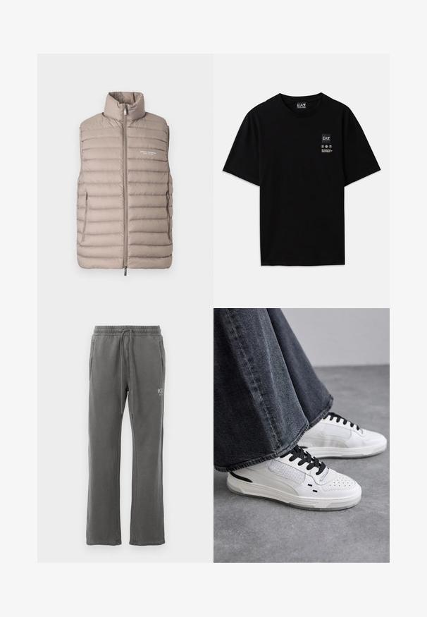 Φωτεινό μπεζ καπιτονέ γιλέκο χωρίς μανίκια με ψηλό γιακά, μπροστινό φερμουάρ, πλευρικές τσέπες και λογότυπο "Armani Exchange Milano/New York" στο στήθος.; Μαύρη βαμβακερή μπλούζα με κοντά μανίκια, στρογγυλή λαιμόκοψη και μια μικρή ετικέτα λογότυπου στο μπροστινό μέρος που περιέχει λογότυπα φροντίδας σε λευκό χρώμα.; Γκρι φόρμες με κορδόνι στη μέση, πλαινές τσέπες και μια διακριτική λογότυπο στο μηρό. Φτιαγμένες από μαλακό, ανθεκτικό ύφασμα με ίσια κοπή.; Λευκά αθλητικά παπούτσια με μαύρες κορδόνες και πλέγμα λεπτομέρειας. Διαθέτουν λείο δερμάτινο επάνω μέρος και υφή από καουτσούκ στη σόλα. Συνδυάζονται με γκρι παντελόνια φαρδιάς γραμμής.