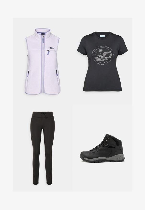 Γούνινο γιλέκο σε ανοιχτό μωβ με ψηλό γιακά, πλήρη μπροστινό φερμουάρ, δύο πλαϊνές τσέπες και τσέπη στο στήθος. Υφασμα με υφή και αντίθεση στα περιγράμματα.; Μαύρο μπλουζάκι Columbia με λευκή κυκλική γραφική τέχνη βουνού και ποταμού και κείμενο "Columbia Sportswear Company Έξω από το 1938."; Μαύρα κολάν με ψηλή μέση, κορδόνι, λείες υφές και εφαρμοστό σχέδιο. Περιλαμβάνουν ραφές στα πλάγια.; Μαύρο ορειβατικό μποτάκι με μεσαίο ύψος, διαθέτει υφή στην επάνω επιφάνεια, γκρι λεπτομέρειες και ανθεκτική καουτσούκ σόλα με αυλάκια πρόσφυσης.