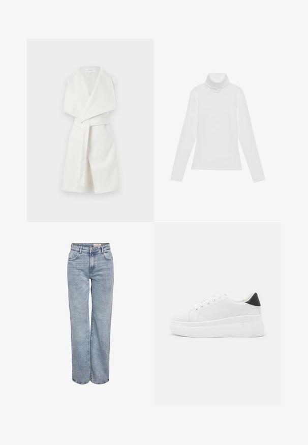 Balta be rankovių suvyniojama striukė su įpjauta apykakle, diržu ir minkšta tekstūra, pasižyminti švariu dizainu ir be matomų detalių.; Baltas ilgomis rankovėmis turtleneko tipo marškinėliai, pagaminti iš lygaus, tamprus audinys. Yra aukštas apykaklė ir prisitaikantis dizainas, be matomų raštų ar papuošimų.; Šviesiai mėlyni plačios kojų džinsai, pagaminti iš džinsinio audinio, pasižymintys aukštu liemeniu, penkių kišenių dizainu ir subtiliu blukimu, kad atrodytų jau dėvėti.; Balti platforminiai sportbačiai, pagaminti iš lygios sintetinio audinio, su apvaliu pirštu, raištelių užsegimu ir tekstūruota guma padanga. Juodas kulno akcentas.