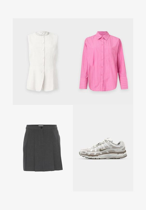 Varrukateta, heledast linast vest, off-white värviga, ümmarguse kaelusega, viie nupuga esiküljel ja kahe küljetaskuga. Õhukeselt vormitud lõige ning lehviva alläärega.; Gina Tricot POPLIN - Nööpidega pluus - pink; Hallux hallitus seelik, millel on vöökoht ja ees nupulukk. Valmistatud tekstureeritud kangast, kujundatud sobitamiseks.; Valge sportlik king, millel on võrgu pealis, heledad pruunid detailid ja pehmendusega tald. Omab nööridega sulgemist ja teksti küljel.