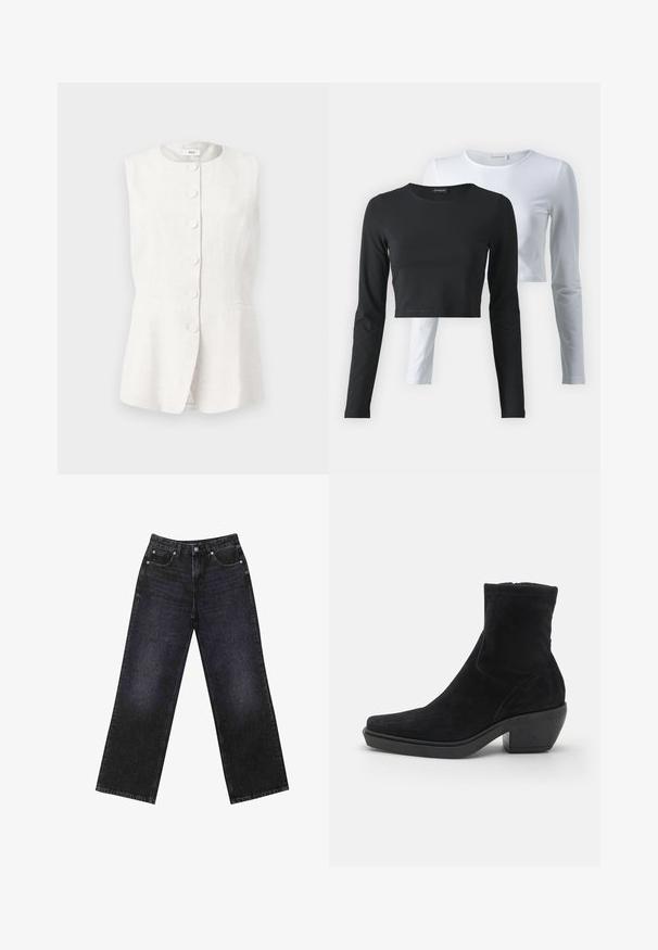 Bez rękawów, lekka wazon w kolorze ecru z okrągłym dekoltem, pięcioma guzikami z przodu i dwiema bocznymi kieszeniami. Dopasowany krój z rozszerzanym dołem.; Dwie koszulki z długim rękawem, jedna czarna, a druga biała, wykonane z miękkiej bawełny, z okrągłymi dekoltami i skróconym krojem.; Czarne dżinsy z wysokim stanem i szerokimi nogawkami, pięciokieszeniowy design oraz widoczne szwy. Materiał ma gładkie, lekko teksturowane wykończenie.; Czarne zamszowe botki na kostkę o kwadratowym nosku, niskim blokowym obcasie i gładkiej fakturze. Posiadają dopasowaną cholewkę i minimalne detale przeszycia.