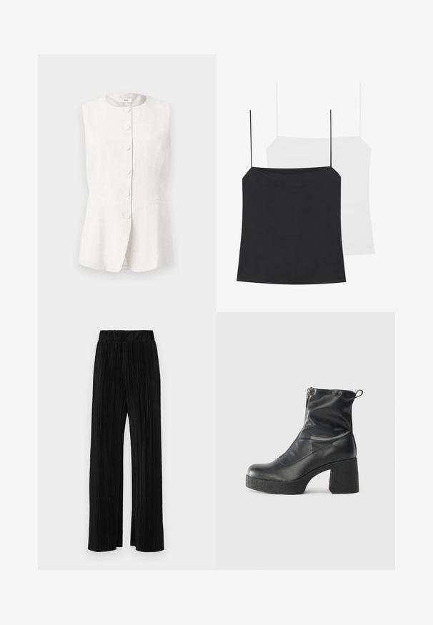 Ärmellose, leichte Leinenweste in Off-White mit rundem Ausschnitt, fünf Knöpfen vorne und zwei seitlichen Taschen. Taillierte Passform mit einem ausgestellten Saum.; Es sind zwei Spaghettiträgershirts zu sehen: eines in Schwarz und eines in Weiß. Beide haben dünne Träger und ein figurbetontes Design, gefertigt aus einem glatten, dehnbaren Stoff.; Schwarze plissierte Hose mit elastischem Bund. Verfügt über weite Hosenbeine und einen glatten, strukturierten Stoff mit vertikalen Streifen.; Schwarze Stiefeletten aus glattem Leder mit seitlichem Reißverschluss, klobigem strukturiertem Absatz und runder Zehenform.