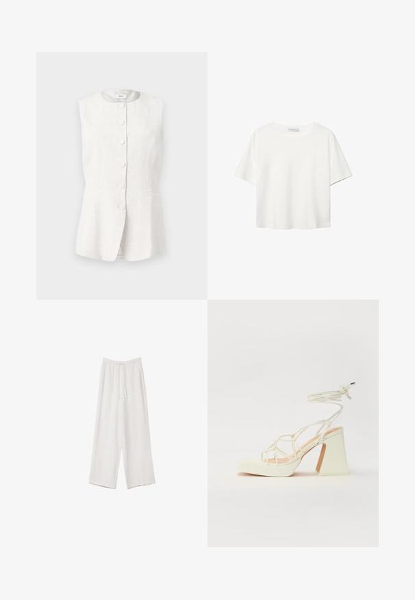 Hedvábný bezrukávový svetr v off-white barvě s kulatým výstřihem, pěti knoflíky vpředu a dvěma postranními kapsami. Přiléhavý střih s rozšířeným lemem.; Bílý krátký rukáv tričko vyrobené z bavlny. Má kulatý výstřih a volný střih. Hladký materiál bez viditelných vzorů nebo akcentů.; Bílé široké kalhoty vyrobené z lehké tkaniny. Mají elastický pas se šňůrkou a boční kapsy. Hladká textura.; Bílé sandály na vysokém podpatku s robustním podpatkem, s designem s pásky a zavazováním kolem kotníku. Hladký povrch s platformou vpředu pro zvýšení výšky.