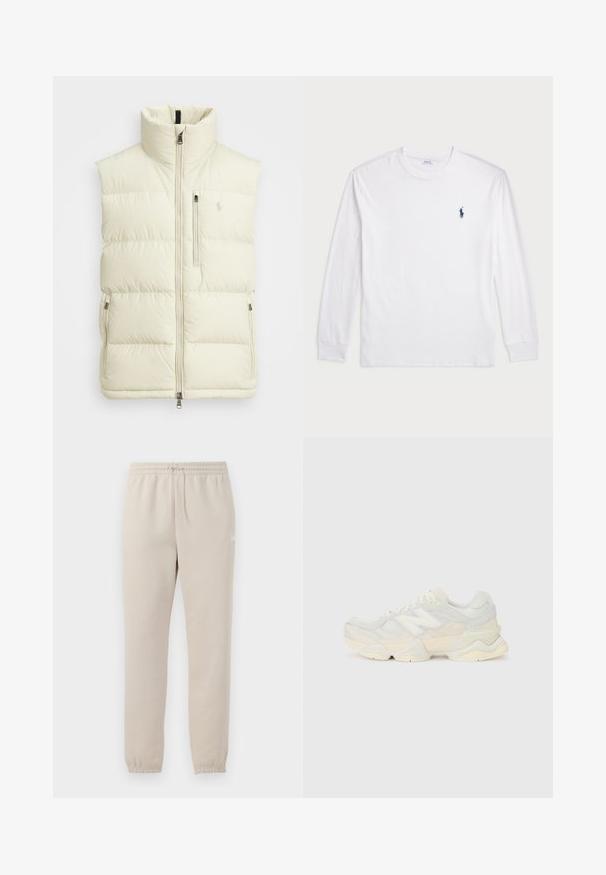 Svetlo smetanasta pufferska telovnik z visokim ovratnikom. Ima sprednji zadrgo, vodoravno prešano zasnovo in žep na prsih z zadrgo.; Bela dolga majica s dolgimi rokavi iz bombaža. Ima okroglo ovratnico, rebraste manšete in majhen temno moder polo logo na levem prsnem delu.; Svetlo bež trenirke iz mehkega blaga z elastiko v pasu, nastavljivo vrvico in zoženimi manšetami na gležnjih.; Lahki športni čevlji z zgornjim delom iz mrežastega materiala in antilopa v nežnih kremnih tonih, z debelim podplatom in tridimenzionalnimi poudarki.