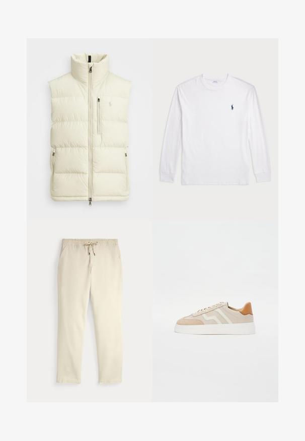 Light cream puffer vest with high collar. Features a front zipper, horizontal quilted design, and a chest pocket with zipper.; White long-sleeve T-shirt made of cotton. Features a round neckline, ribbed cuffs, and a small navy blue polo logo on the left chest.; Off-white casual pants with elastic waistband and drawstring, straight legs, and side pockets against a plain background.; Beige sneakers with a combination of smooth leather and suede materials. Features white accents, flat laces, and a slight platform sole.