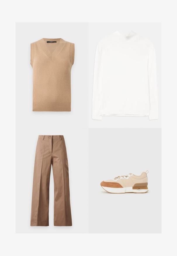 Beżowa dziergana kamizelka bez rękawów z dekoltem w serek i prążkowaniem na krawędziach dekoltu, otworach na ręce oraz u dołu, przedstawiona na białym tle.; Biała bluzka z długim rękawem, z wysokim dekoltem, prążkowaną fakturą i prostym krojem. Materiał wydaje się miękki i gładki, bez widocznych wzorów.; Brązowe spodnie szerokie, wykonane z gładkiego materiału, z zamknięciem na guzik z przodu, dwiema przednimi kieszeniami oraz czystymi, dopasowanymi liniami.; Sneaker z beżowym materiałowym wierzchem ozdobionym brązowymi zamszowymi akcentami, białą podeszwą środkową oraz gumową podeszwą z detalem marki.