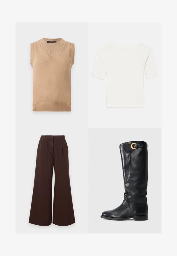 Beige knitted sleeveless sweater vest with V-neck and ribbed edges on neckline, armholes, and hem, displayed on a white background.; White ribbed short-sleeve top with a wide neckline. The texture features vertical stripes, emphasizing a snug fit and simple design.; High-waist wide-leg brown pants with button and zipper closure, belt loops, and front pleats.; Black leather knee-high boot with a rounded toe, lace-up front, side detail, and a gold accent buckle at the top. Smooth texture.