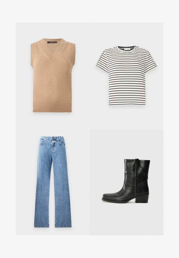 Smėlio spalvos megztas be rankovių liemenė su V formos perkirpimu ir briaunotomis apvadomis aplink iškirptę, rankoves ir apačią, pateikta ant balto fono.; Medvilninis trumpas rankovėmis marškinėliai su apvaliu iškirpimu, su juodomis vertikaliomis juostelėmis ant baltos fono ir tiesiai supjaustytu dizainu.; Šviesiai mėlyni džinsai su plačiomis kojomis, penkiomis kišenėmis, diržo kilpos ir mygtuko užsegimu. Audinys yra lygus.; Juodi odiniai aulinukai iki kulkšnies su apvali nosimi, blokuotais kulnais, šonine užtrauktuku ir siuvimo akcentais ant viršutinės dalies. Lygi tekstūra, klasikinis dizainas.