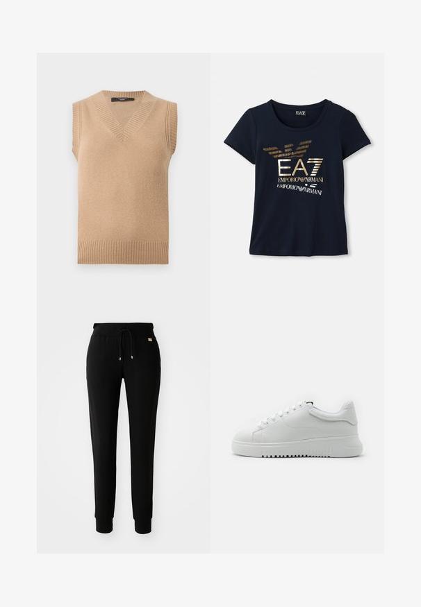 Beige gebreide mouwloze trui-vest met V-hals en geribbelde randen bij de halslijn, armuitsnijdingen en zoom, afgebeeld op een witte achtergrond.; Marineblauwe T-shirt met korte mouwen van katoen, met een metallic gouden grafische logo met tekst en gestileerde vleugels van een adelaar.; Zwarte tapered sweatpants met een tailleband met trekkoord en manchetten bij de enkels, weergegeven op een eenvoudige witte achtergrond.; Witte sneakers met een bovenwerk van gemarmerd leer, ronde neus en vetersluiting. Dikke witte rubberen zool met een gemarmerd grippatroon.