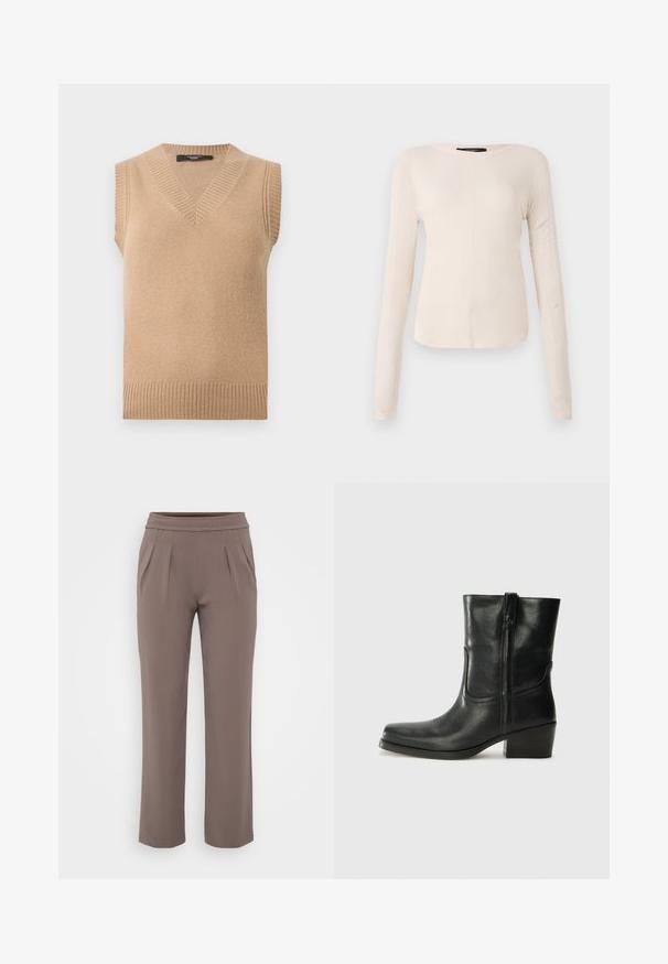 Beige neulottu hihaton villatakki, jossa V-kaula-aukko ja resorit kaula-aukossa, hihojen reunoissa ja helmassa, esitetty valkoisella taustalla.; Pitkähihainen, vaaleanbeige paita, jossa on pyöreä kaula-aukko. Valmistettu pehmeästä kankaasta, jossa on keskeinen sauma ja hieman kaareva helma. Ei näkyvää metalliosaa.; Harmaat löysät housut, joissa on joustava vyötärö ja etutaskut, valmistettu sileästä kankaasta.; Musta nahkasaapas nilkkamittaisella varrella, pyöreällä kärjellä, lohkarekorolla, sivuvetoketjulla ja ompeluaksentilla varren yläosassa. Suora pinta, klassinen muotoilu.
