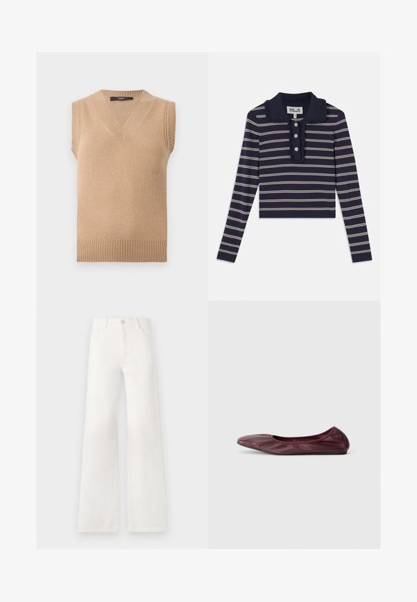 Gilet sans manches beige en maille avec encolure en V et bords côtelés à l'encolure, aux emmanchures et à l'ourlet, présenté sur un fond blanc.; Chemise à manches longues marine avec des rayures horizontales roses, un col à volants et une patte de boutonnage à trois boutons à l'avant ; fabriquée en un matériau doux et extensible.; Jean large blanc taille haute en denim. Se ferme par un bouton, dispose de deux poches avant et de coutures détaillées sur les côtés.; Ballerines en cuir bordeaux profond, avec un bout arrondi, un bord élastiqué et une texture lisse agrémentée de subtils plis.