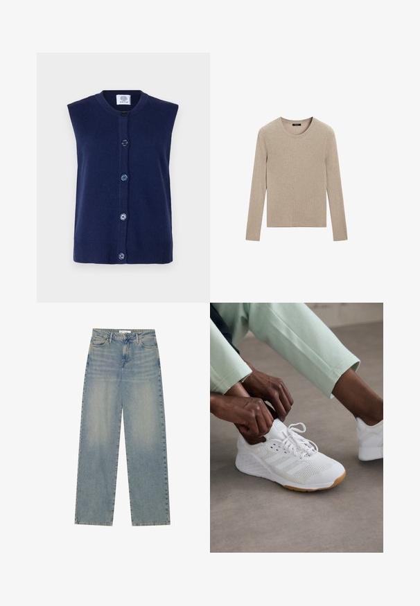 Navy ärmellose Strickjacke aus gestricktem Stoff, mit rundem Halsausschnitt, vorderer Knopfverschluss und geripptem Saum mit fünf blauen Knöpfen.; Massimo Dutti RIBBED CREW NECK - Strickpullover - LIGHT BROWN; Helle blaue, hochgeschnittene, gerade geschnittene Jeans aus Denim mit Fronttaschen, Gürtelschlaufen sowie sichtbarem Knopf- und Reißverschluss.; Weißer Sportschuh mit einem Mesh-Obermaterial, Gummisohle und einem Design mit drei Streifen. Die Schnürsenkel werden ajustiert; hellgraue und mintgrüne Kleidung ist sichtbar.