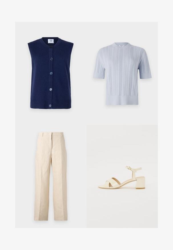 Námořnický bezrukávový kardigán vyrobený z pletené tkaniny, s kulatým výstřihem, předním zapínáním na knoflíky a ribbovaným lemem se pěti modrými knoflíky.; Svetlomodrý pletený top s krátkym rukávom, ktorý má vertikálnu rebrovanú textúru a okrúhly výstrih. Tkanina má jemné detaily s priliehavým lemom.; Béžové ľanové nohavice vo voľnom strihu, s plisovaným predným dielom a rovnými nohavicami. Majú pás s pútkami na opasok a bez viditeľných vreciek.; Bežové lakované sandále na podpätku s križovým popruhom, otvorenou špičkou, nastaviteľným členkovým popruhom a blokovým podpätkom. Hladká textura.