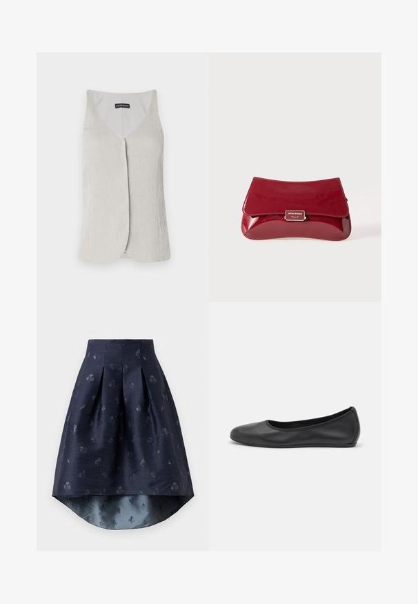 Svetlo šedý, bezrukávový top s dizajnom do V. Vyrobený z textúrovanej tkaniny s jemným ryhovaným vzorom a rovnym strihom.; Biela dlhá košeľa s gombíkmi a mandarin golierom, so skrytým zapínaním, vystavená na bielom pozadí.; Námornícky modrá sukňa s asymetrickým strihom a plisovaním, so subtilným vzorom hracích kariet v mierne lesklom materiáli.; Čierne kožené baleríny s okrúhlou špičkou, hladkým povrchom, minimálnym prešívaním a flexibilným dizajnom podrážky.; Červená lakovaná klobúková taška s zakriveným dizajnom, prehýbacou chlopňou a kovovým logom na striebornej doske. Hladká, lesklá textúra.