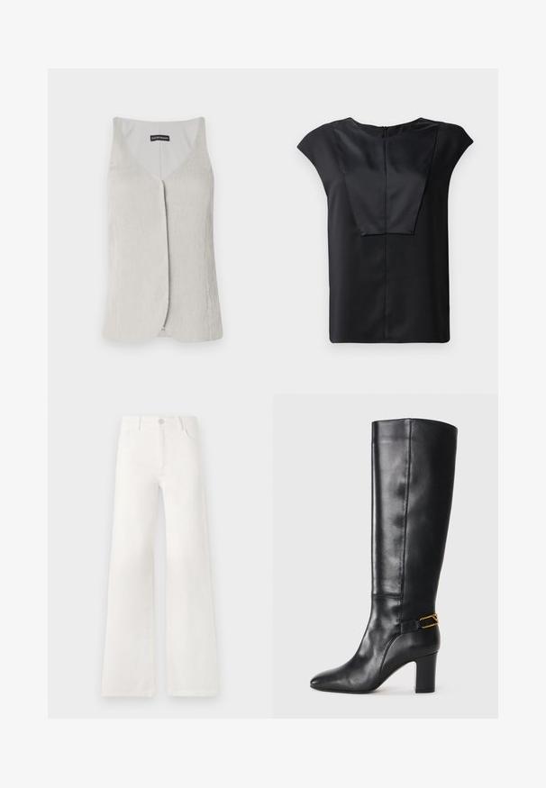 Svetlo siva, brezrokavna majica z V-izrezom. Narejena iz teksturirane tkanine z diskretnim rebrastim vzorcem in ravnim krojem.; Črna majica s kratkimi rokavi, izdelana iz gladkega materiala, z širokim ovratnikom, pravokotnim prednjim dizajnom in diskretnim zadrgo na hrbtni strani.; Bela, visoko pasovana široka obrtnica iz denima. Ima zaponko, dva sprednja žepa in stranske šive s podrobnostmi šivanja.; Črne usnjene čizme do kolen s koničastim prstom in debelim peto. Imajo zlat ton okrasni pas okoli gležnja. Gladka tekstura.