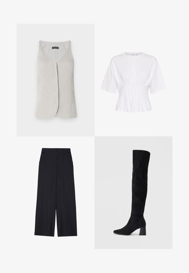Lys grå, ermeløs topp med V-hals-design. Laget av teksturert stoff med et subtilt ribbet mønster og en rett fasong.; Hvit kortermet topp laget av myk stoff, med rund hals og rynket detalj ved midjen for en tettsittende look.; Bredde benbukser i mørk marinefarge, med en jevn tekstur, frontfalter og dekorative gullfargede øyespenner på sidelommene.; Sorte semskede knelang støvel med blokk-heelsk, spiss tå og glatt, sømløst design på en ensfarget lys bakgrunn.