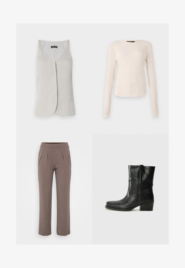 Svijetlosiva, bez rukava majica s dizajnom u obliku slova V. Izrađena od teksturiranog materijala s suptilnim rebrastim uzorkom i ravnim krojem.; Dugih rukava, svijetlo bež majica s okruglim izrezom. Izrađena od mekanog materijala, ima središnji šav i blago zakrivljen rub. Nema vidljivih metalnih dijelova.; Taupe hlače širokog kroja s elastičnim pojasom i prednjim naborima, izrađene od glatkog materijala.; Crne kožne čizme do članaka s okruglim vrhom, blok potpeticom, bočnim patentnim zatvaračem i detaljima od šavova na gornjem dijelu. Glatka tekstura, klasičan dizajn.